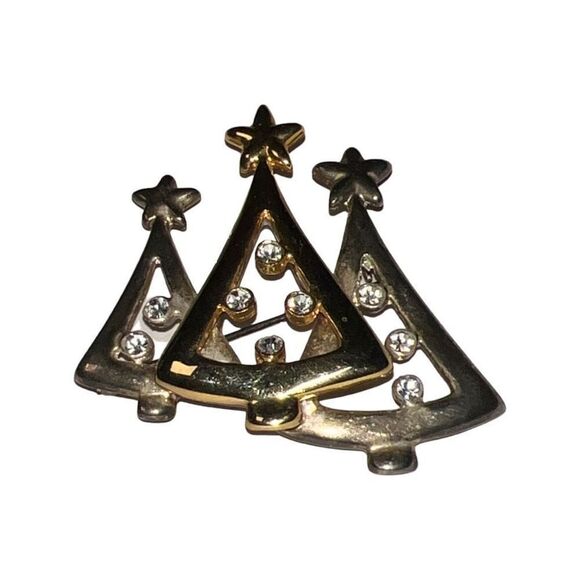 Vintage Christmas Tree Trio Pin Silver and Gold Rhinestone Holiday Brooch - Picture 2 of 4